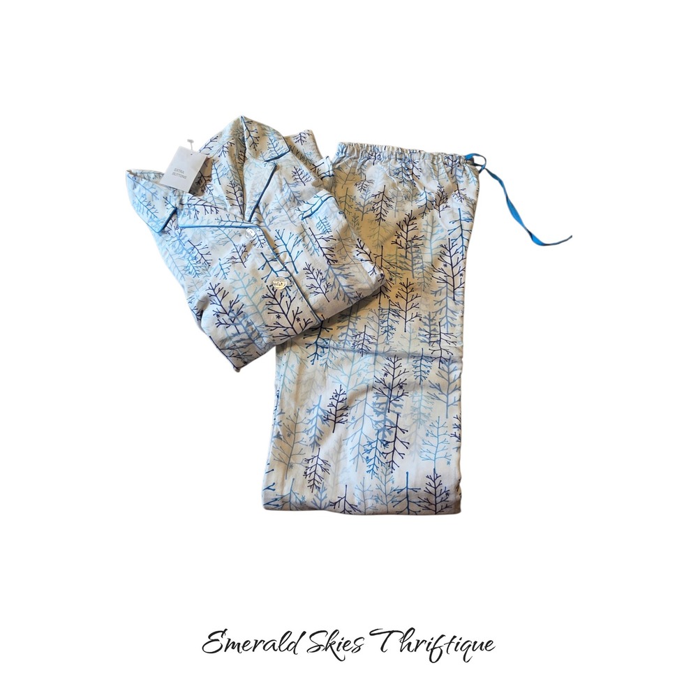 Victoria's Secret Pajama Set Blue Tree Print Button up top xl Cozy free ship